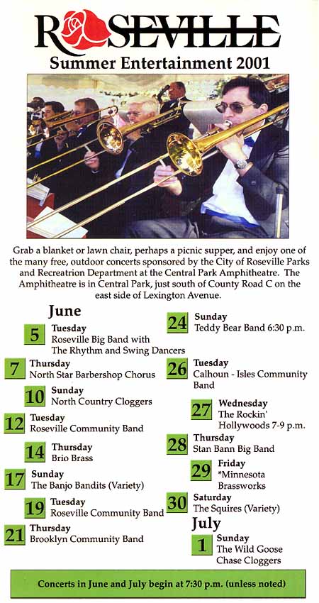 Beneath the title, the summer entertainment schedule features a picture of the Roseville Big Band. This page covers June 5 through July 1, 2001.