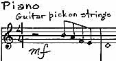 Excerpt from page 1 of the piano part showing the motif B-A-F-E-D introduced by the pianist plucking the strings with a guitar pick. Bigger picture is 71K.