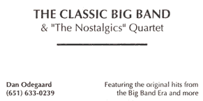 Business card for The Classic Big Band and The Nostalgics Quartet.