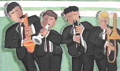Stylized sax, trumpet, clarinet, and trombone players