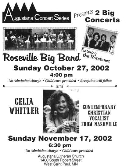 The top half of the poster advertises the Roseville Big Band concert, Sunday, October 27, 2002; the bottom half advertises "Celia Whitler, Contemporary Christian Vocalist from Nashville", Sunday, November 17, 2002.