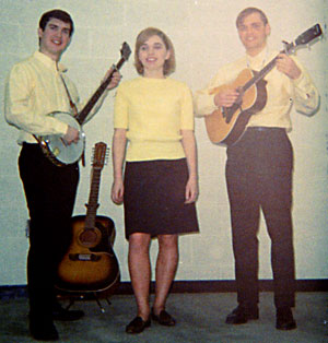 The Cobblestones: Glen, Carmen, and Mike. Glen holds his 5-string banjo and Mike his 4-string guitar.